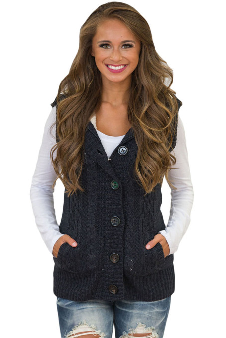 Black Cable Knit Hooded Sweater Vest