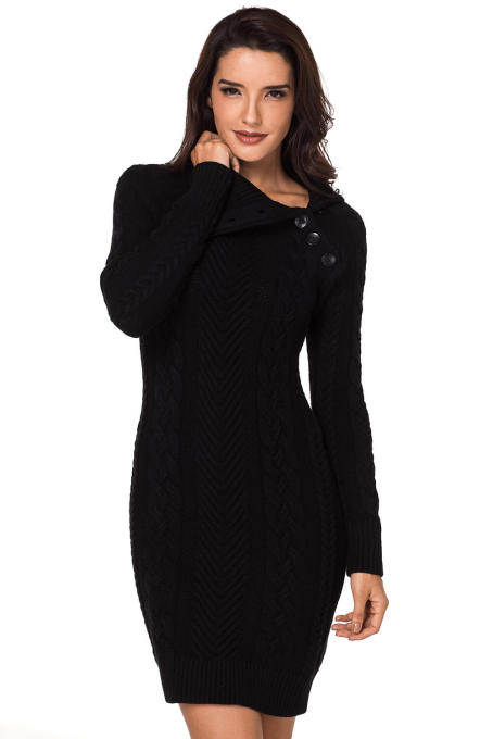 Asymmetric Buttoned Collar Black Bodycon Sweater Dress