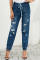 Blue Distress Drawstring Pocketed Joggers