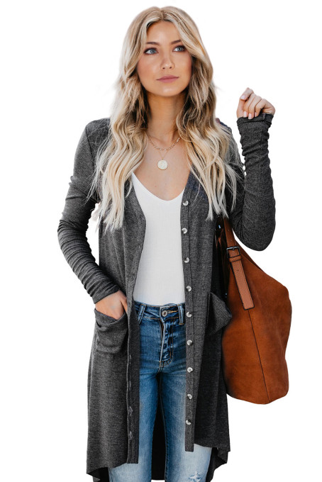 Gray Selected Button Down Pocketed High Low Cardigan