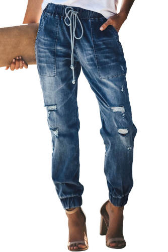 Blue Distress Drawstring Pocketed Joggers
