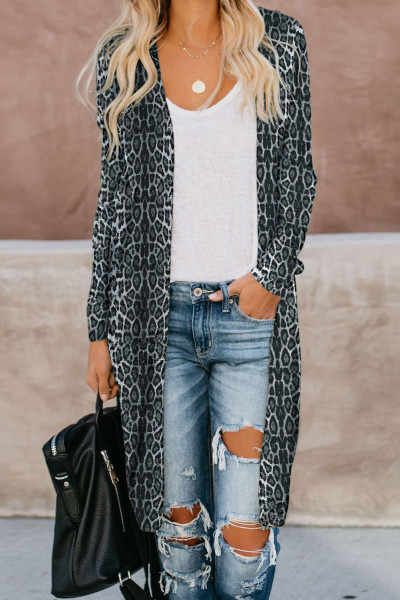 Black Leopard Print Long Cardigan