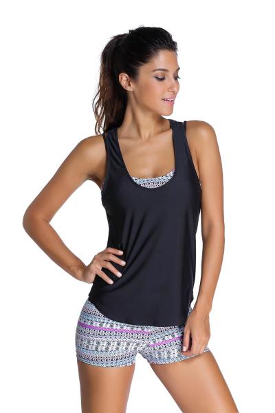 Grayish Sports Bra Tankini Swimsuit with Black Vest