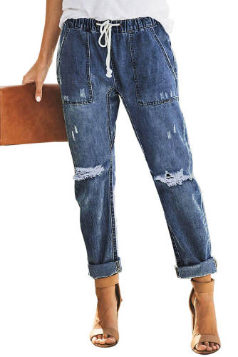 Dark Blue Gather Round Distressed Pocketed Denim Jogger
