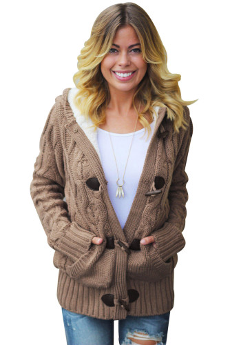 Khaki Fur Hood Horn Button Sweater Cardigan