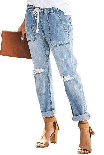 Sky Blue Gather Round Distressed Pocketed Denim Jogger
