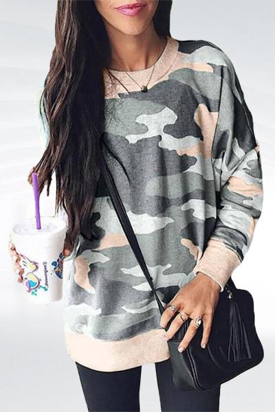 Khaki Green Digital Camo Print Sweatshirt