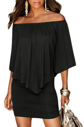 Multiple Dressing Layered Black Mini Poncho Dress