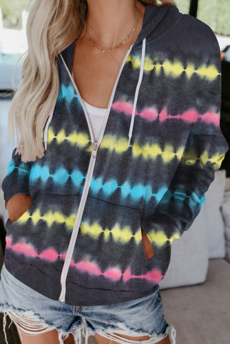 Black Tie-Dyed Zipper Pocket Drawstring Hooded Jacket