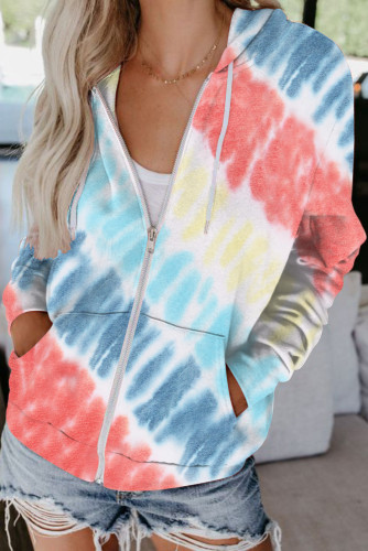 Blue Tie-Dyed Zipper Pocket Drawstring Hooded Jacket