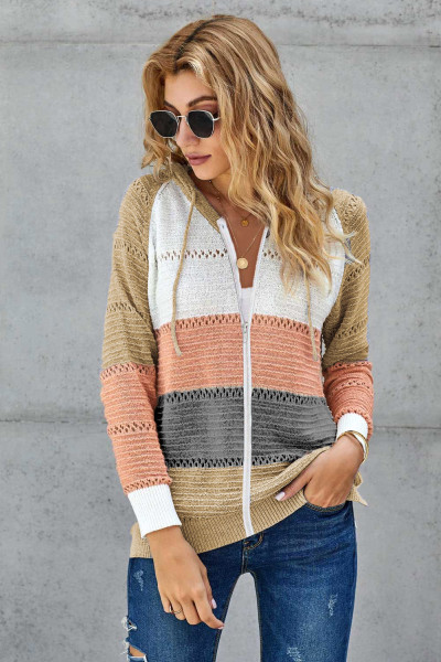 Multicolor Zipped Front Colorblock Hollow-out Knit Hoodie
