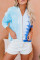 Blue Zipper Drawstring Tie Dye Color Block Hoodie