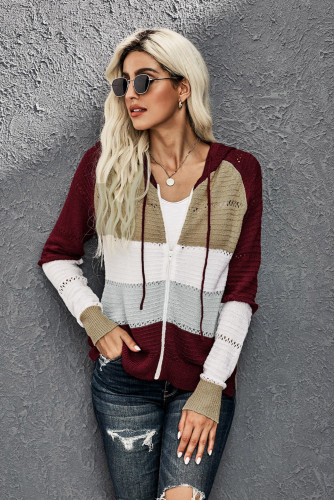 Red Zipped Front Colorblock Hollow-out Knit Hoodie