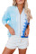 Blue Zipper Drawstring Tie Dye Color Block Hoodie