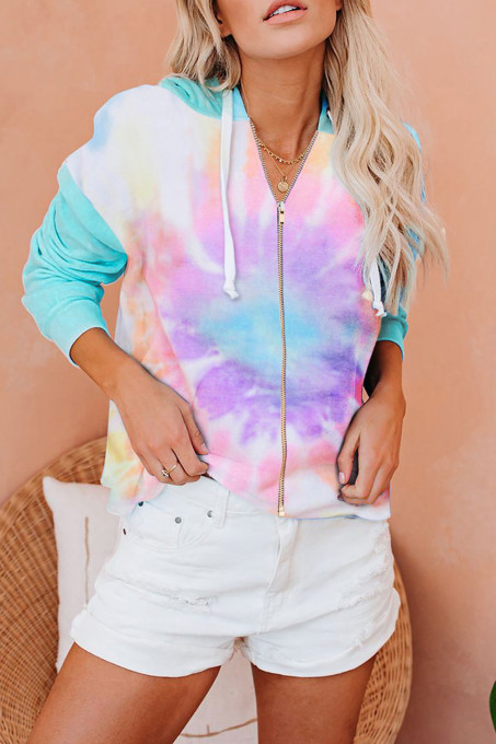 Sky Blue Zipper Drawstring Tie Dye Color Block Hoodie