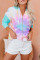 Sky Blue Zipper Drawstring Tie Dye Color Block Hoodie