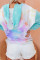 Sky Blue Zipper Drawstring Tie Dye Color Block Hoodie