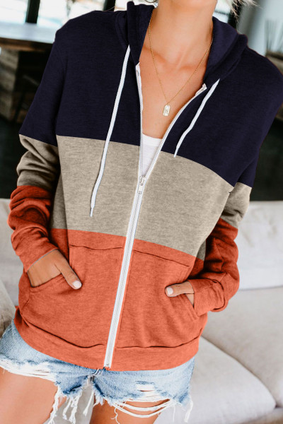 Orange Zip Front Color Block Splicing Drawstring Hoodie