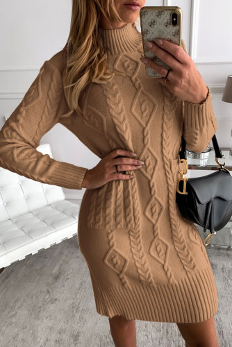 Brown High Neck Textured Bodycon Sweater Dress