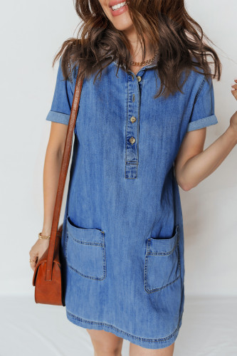 Sidefeel Denim Dress for Women Casual Summer Short Sleeve Collared Button Down Shirt Dress Trendy Jean Dress with Pockets