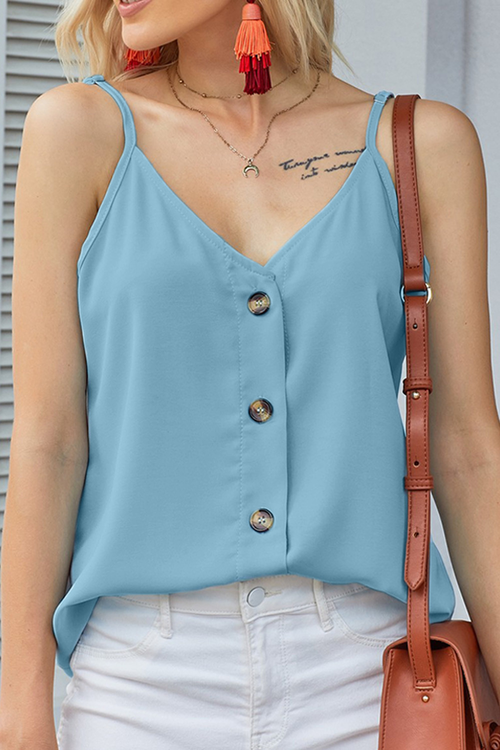 $ 10.5 - Sky Blue Spaghetti Strap Buttoned Tank Top - www.blencot.net