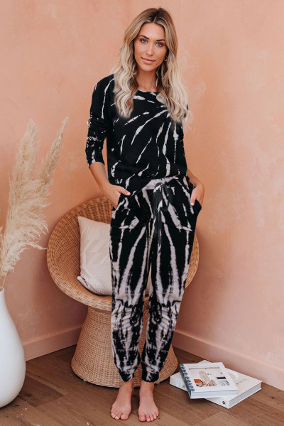 Black Tie Dye Knit Long Sleeve Joggers Set