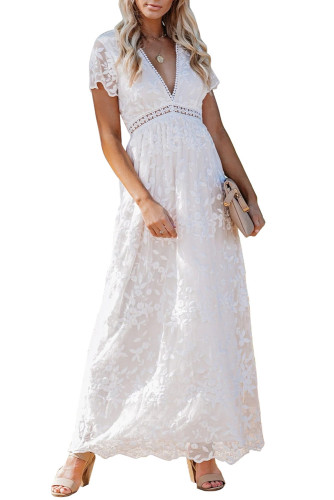 White V Neck Lace Maxi Dress