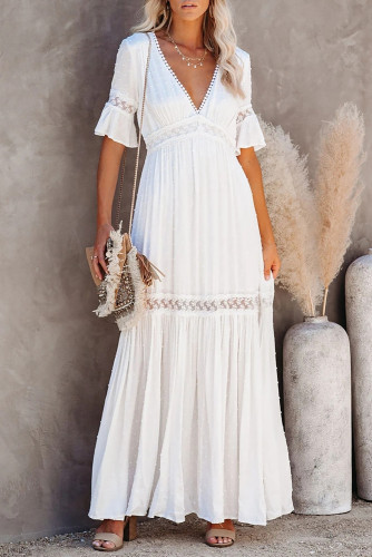 Swiss Dot Lace Trim Maxi Dress