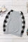 Gray Plaid Splicing Sequined Pocket Long Sleeve Top