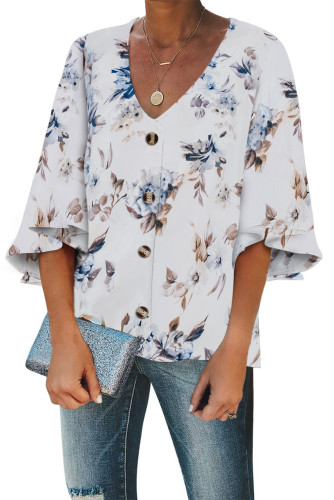 White Floral Print Button Down Blouse
