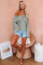Green V-neck Lantern Sleeve Knit Long Sleeve Top