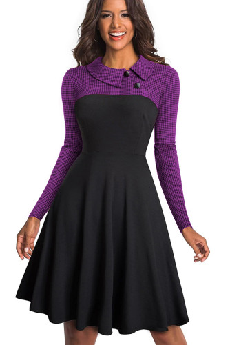 Purple Vintage Turn-Down Collar Pinup Button A-Line Dress