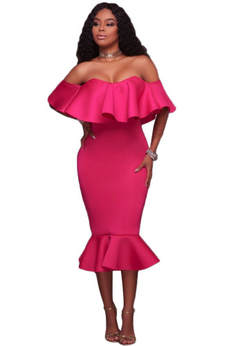 Rosy Ruffle Off Shoulder Mermaid Midi Prom Dress