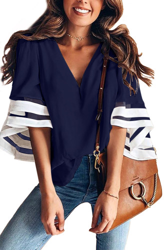Blue Contrast Color Flare Sleeve V Neck Loose Blouse