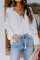 White V Neck Lantern Sleeve Lace Hollow Out Long Sleeve Top
