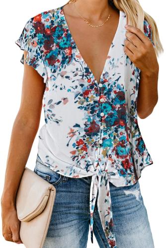 Multicolor Button Up V Neck Ruffle Cap Sleeve Tie Knot Blouse
