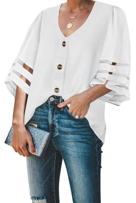 White Flare Sleeve V Neck Button Down Blouse