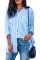 Sky Blue Stripe Linen Dropped Sleeve Button Down Blouse with Pocket