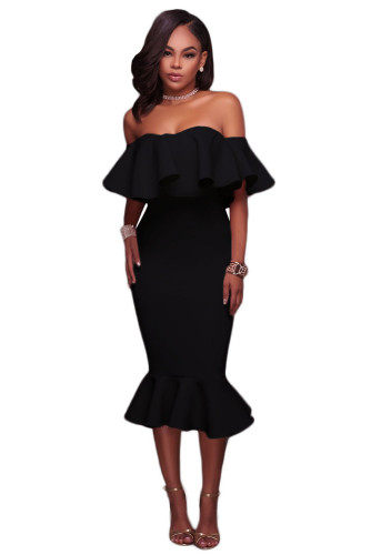 Black Ruffle Off Shoulder Mermaid Midi Prom Dress
