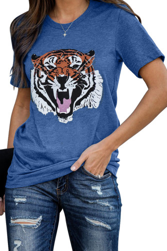 Blue Cotton Blend Tiger Tee