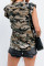 Green Camouflage Print Ruffled Cap Sleeve T-shirt