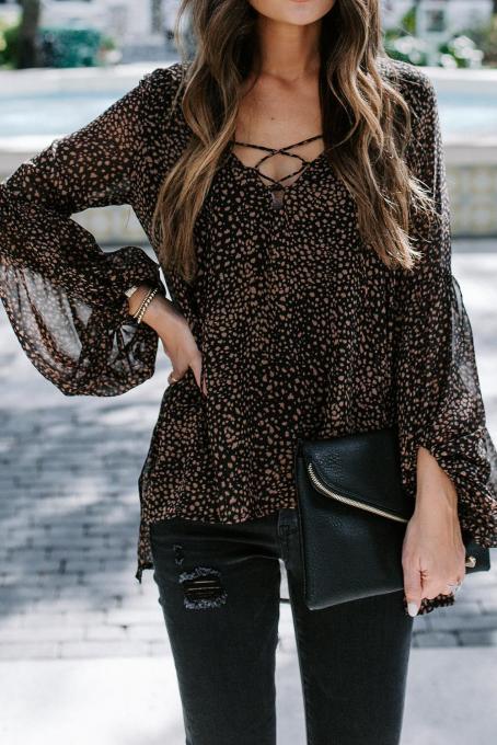 Black Lantern Sleeve Lace Up Blouse