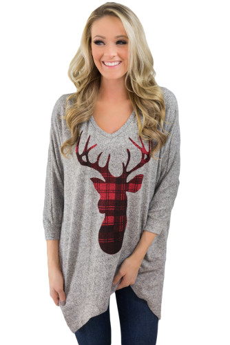 Christmas Deer Plaid Gray Long Sleeve Tunic