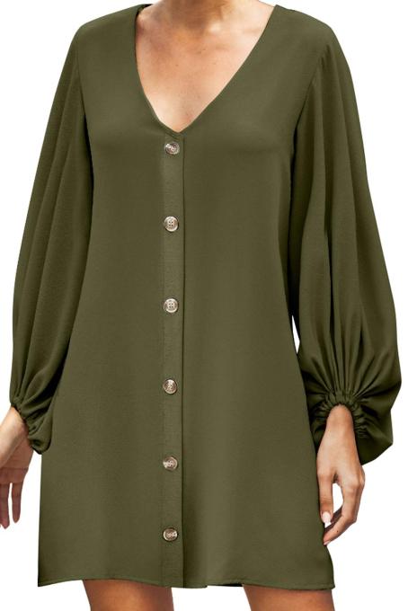 Green Buttoned-down V Neck Billowy Sleeve Shift Dress