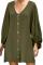 Green Buttoned-down V Neck Billowy Sleeve Shift Dress