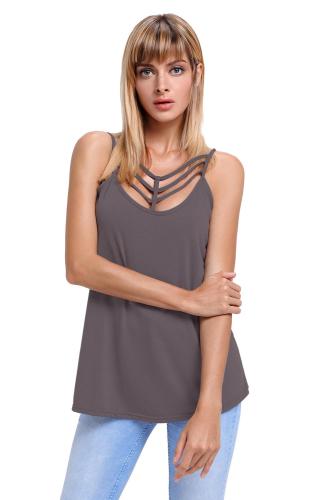Gray Spaghetti Strap Tank Top with Caged Neckline
