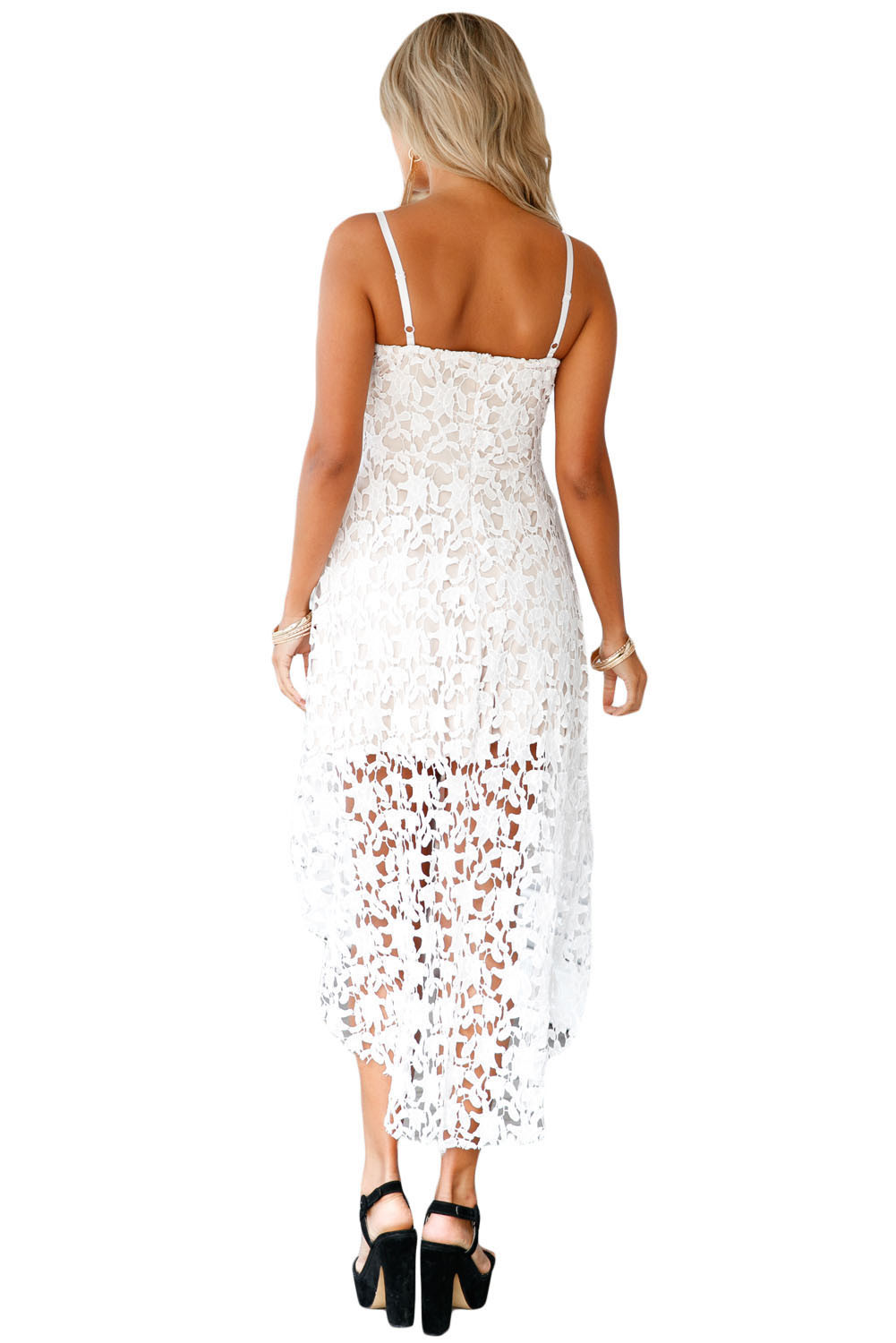 $ 19.75 - White Hollow Lace Nude Illusion Hi-low Party Dress - www ...