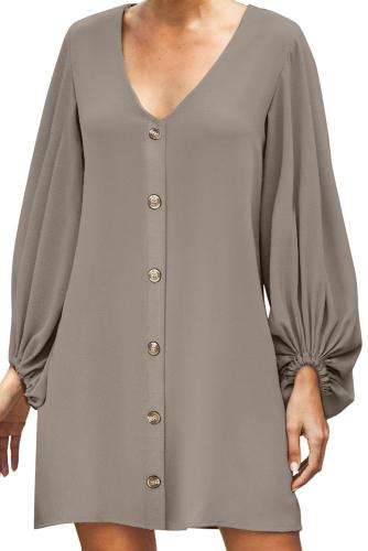 Apricot Buttoned-down V Neck Billowy Sleeve Shift Dress
