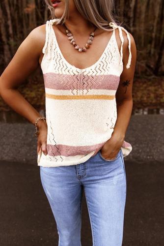 White Striped Colorblock Textured Knit Tank