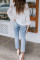 White V Neck Lantern Sleeve Lace Hollow Out Long Sleeve Top